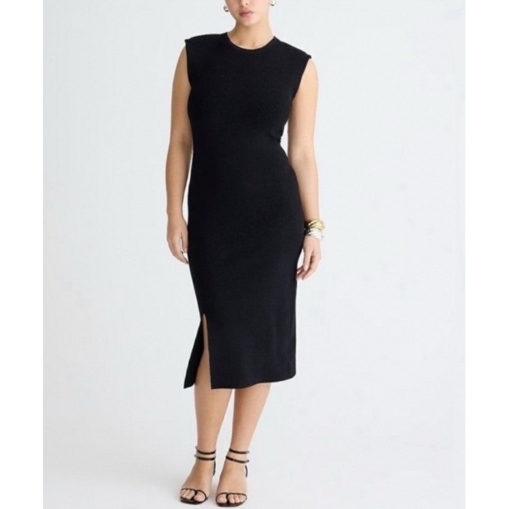 J.Crew Womens Black Ribbed Knit Sleeveless Midi Dress BY501 Size L NEW